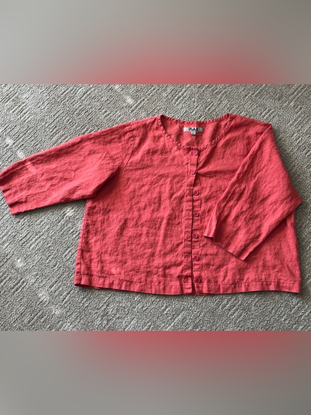 FLAX linen button front cardigan shirt jacket blouse shacket Lg red orange Boxy